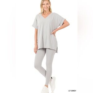 NWT ZENANA BRUSHED DTY MICROFIBER SHORT SLV V Neck LOUNGEWEAR SET